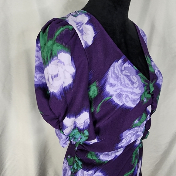 A NEW DAY Size Medium Purple Floral Recycled Polyester Hi-Low Ruched V-neck Maxi - Picture 14 of 16